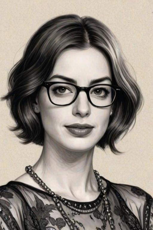 Captivating Anne Hathaway, pencil sketch, portrait of Dazzling woman 1920s in glasses, hair style beatnik, outline, clear lines, fine lines, 8k