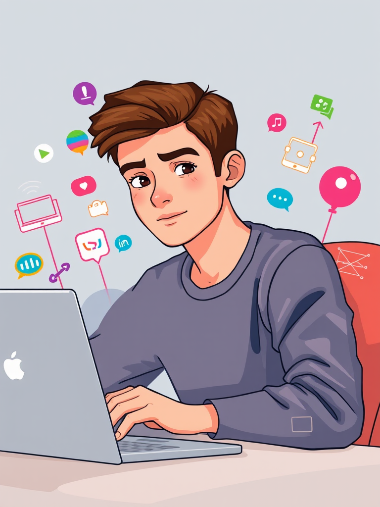 Create a digital illustration of a young man with short brown hair sitting at a desk with a laptop, surrounded by colorful icons representing technology and communication, using a Canon EOS R camera, shot in portrait mode, f/2.8 aperture, ISO 100, and a 50mm lens to enhance image quality with vibrant colors and sharp details.
