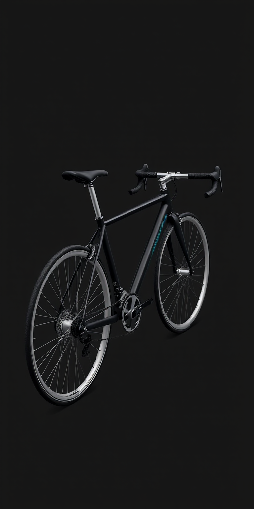 Create a high-resolution, minimalistic illustration of a sleek black bicycle with silver wheels on a dark gray background, using a Canon EOS 5D Mark IV, aperture f/8, shutter speed 1/60 sec, ISO 100, with a side view perspective to emphasize the bicycle's design and contours.