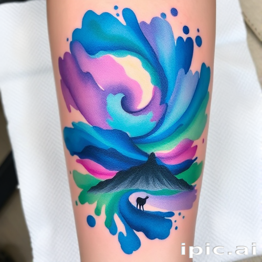 Vibrant watercolor tattoo named "Chromatic Cascade" featuring a swirling blend of blues, purples, and greens forming an abstract landscape with hidden animal silhouettes, characterized by its fluid brushstrokes and ethereal appearance