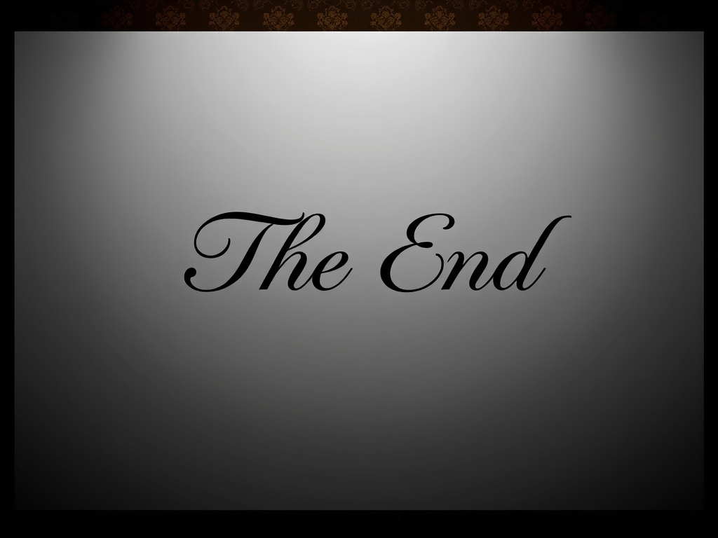 Create a high-resolution image of "The End" text in elegant cursive font, centered on a gradient gray background, with a vintage film strip border, using a DSLR camera with a 50mm lens at f/1.8, ISO 200, and a shallow depth of field to enhance the focus on the text while softly blurring the background.