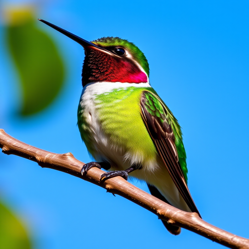 Photograph a vibrant green hummingbird perched on a branch against a clear blue sky, using a Canon EOS 5D Mark IV with a 100mm f/2.8 macro lens, aperture at f/5.6, ISO 200, and a shutter speed of 1/1000s.