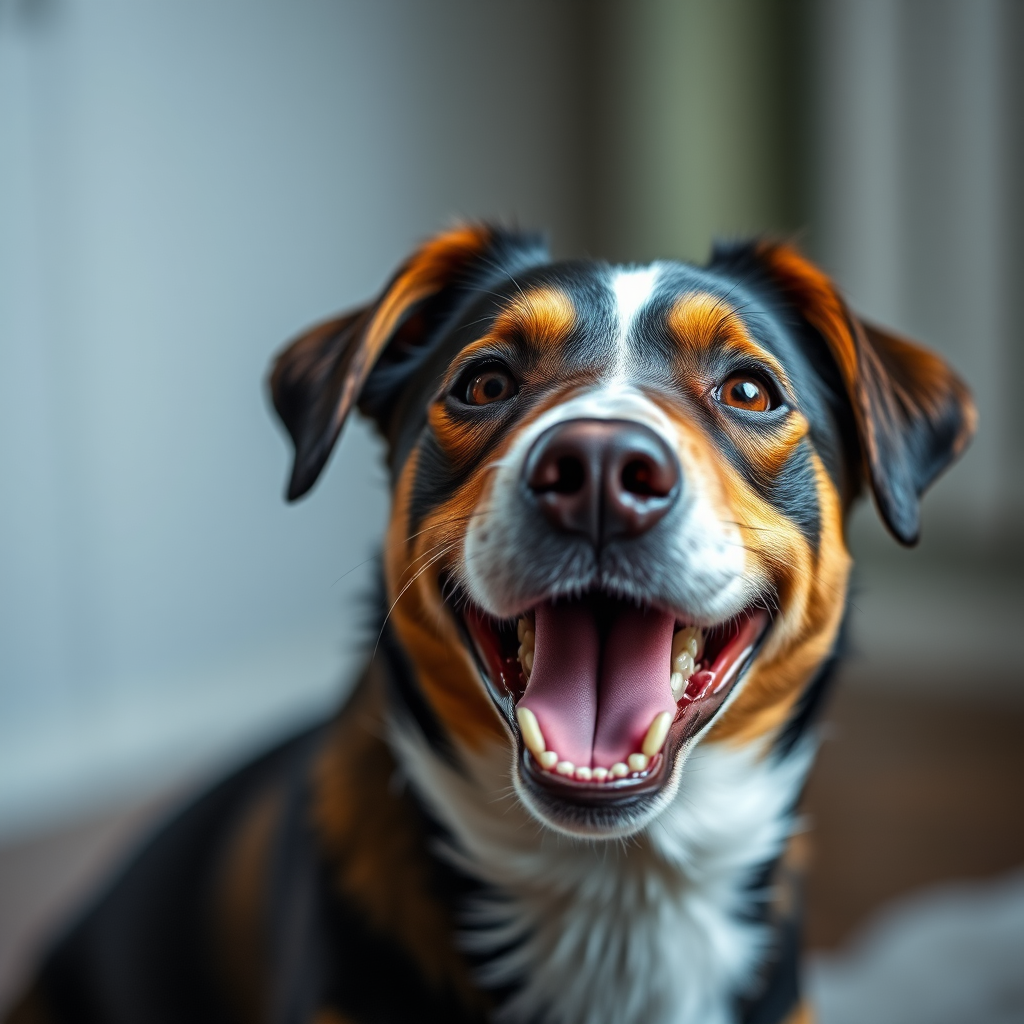 Create a highly detailed portrait of a dog with a joyful expression, using a Canon EOS 5D Mark IV camera, 50mm lens, aperture f/2.8, ISO 100, soft lighting, shallow depth of field, and an emphasis on texture and fur details.