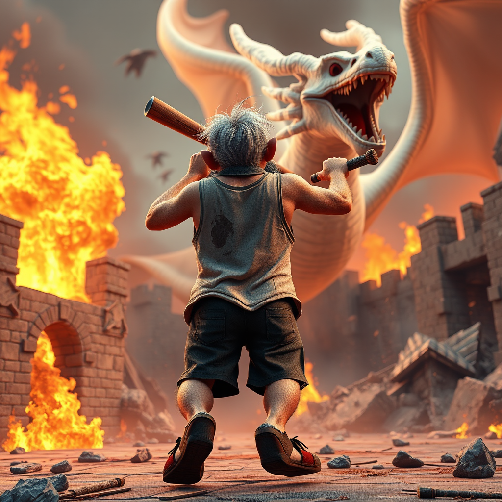 Cartoon 3D High-Resolution,dynamic battle scene using Unreal Engine 5 and Octane Render. The scene features back of an elderly, thai man with a beard,messy hair and round golden-rimmed glasses. He is wearing a tattered tank top with soot marks, shorts, and sandals. sweating. he wields a baseball bat. He jump to fight with a white fire-breathing Europe dragon amidst a partially destroyed stone castle. Include intense flames, smoke, and debris to enhance the dramatic effect.