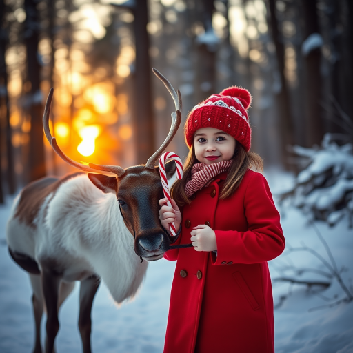 Regenerate the image of a girl in a red coat and hat holding a candy cane standing next to a reindeer in a snowy forest during sunset, with a Canon EOS R5, 50mm f/1.2 lens, aperture f/2.8, ISO 100, shutter speed 1/250 sec, natural sunlight for soft lighting, shallow depth of field for focus on the subjects.