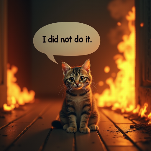 Photorealistic image of an innocent-looking cat sitting calmly in the middle of a burning room. Flames engulf the room, with fire licking up the walls and smoke filling the air. The cat is sitting on the floor, looking directly at the viewer with wide, innocent eyes. Above the cat, a speech bubble says "I did not do it" The contrast between the cat's calm demeanor and the chaos around it creates a humorous and surreal scene.