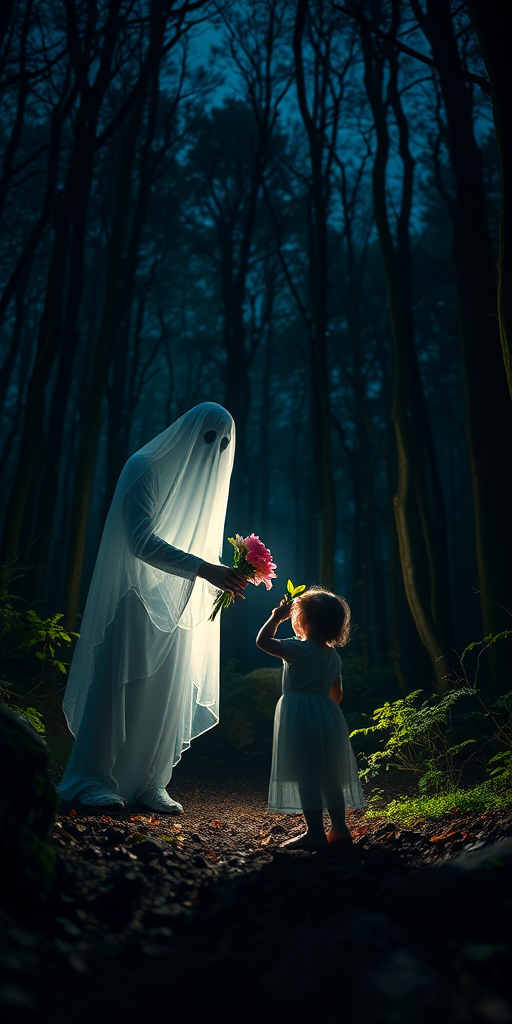 A serene scene in a mystical forest at night featuring a ghostly figure giving a child a bouquet of flowers, soft ethereal lighting, captured with a Canon EOS R5, 50mm lens, f/1.8 aperture, ISO 200, long exposure for dreamlike quality, low angle view to enhance the sense of wonder.