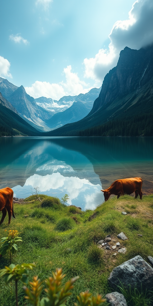 Create a serene landscape image of a tranquil lake surrounded by towering mountains and lush greenery, featuring a few cows grazing near the shore, with reflections in the water, shot with a DSLR camera at f/11, ISO 200, shutter speed 1/200s, using a wide-angle lens at a low angle perspective.