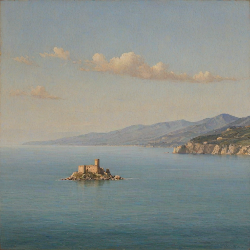 (italian seascape,sea),distant small mediaval italian castle,soft colours,