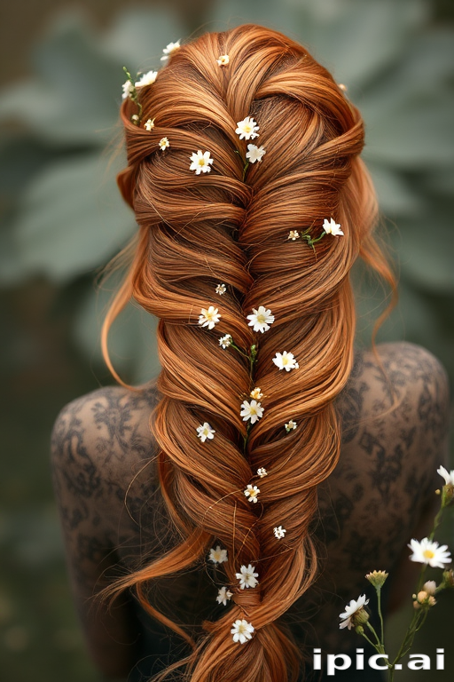 Romantic copper-hued mermaid braid interwoven with delicate wildflowers, evoking a bohemian goddess aesthetic, titled "Autumn Reverie"