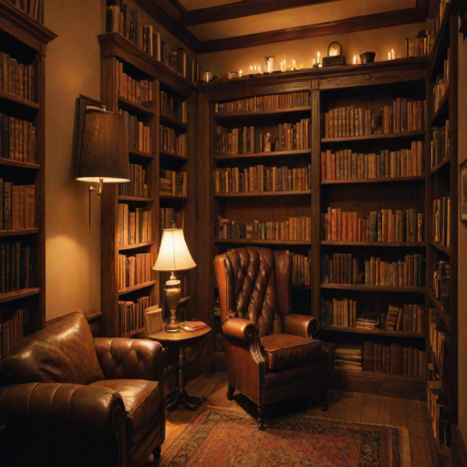 Warmly lit photo of a cozy library corner, with shelves full of old books, a soft leather armchair, and a brass reading lamp casting a warm glow over the scene.