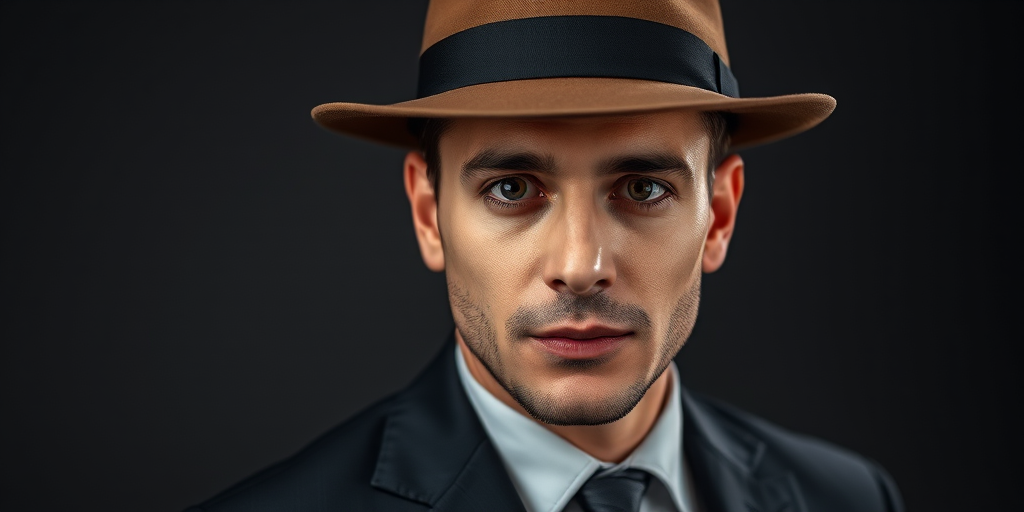 portrait of a man in a fedora hat and suit, dramatic lighting, neutral background, high-resolution detail, 50mm lens, f/1.8 aperture, ISO 100, soft focus, studio photography, DSLR camera