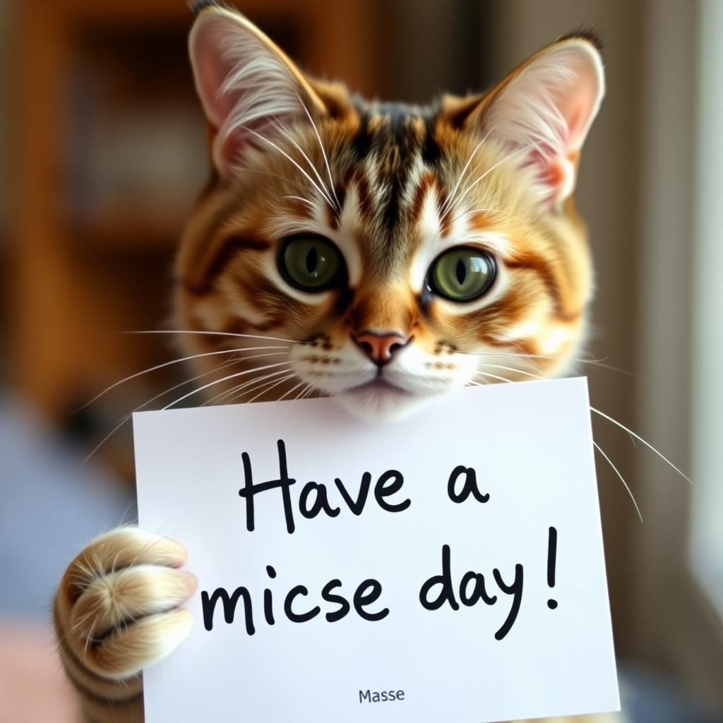 cat holding a note which says "Have a mice day!"
