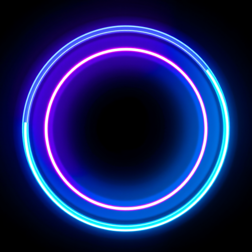 Create a neon circular pattern with blue and pink glowing lines on a black background, using a 50mm lens at f/1.8, ISO 100, 1/200s shutter speed, taken from a top-down view with a DSLR camera to enhance image quality.