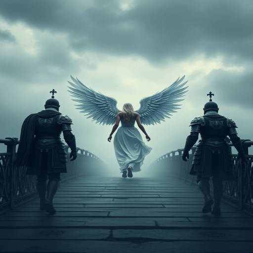 A serene figure with angelic wings walking on a misty bridge, flanked by two armored warriors, dramatic overcast sky, cinematic lighting, wide-angle lens, f/2.8 aperture, 24mm focal length, ISO 100, soft focus.
