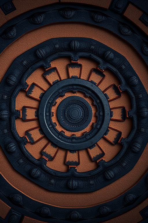 Create a symmetrical spiral pattern with deep earthy tones of brown and black, featuring textured layers and intricate details, captured with a Canon EOS R5, 50mm lens, f/1.8 aperture, ISO 100, and a slightly elevated perspective to enhance depth.