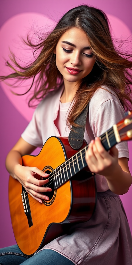 A young woman playing an acoustic guitar with flowing hair, against a pink heart and purple background, soft focus, aperture f/2.8, ISO 100, 50mm lens, portrait style.