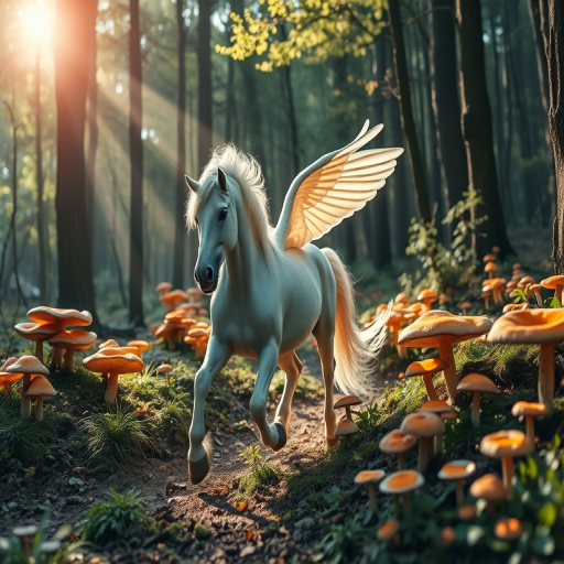 A majestic unicorn with shimmering wings trotting through a mystical forest filled with colorful fungi, soft sunlight filtering through the trees, shot with a Canon EOS R5, 50mm lens, f/1.8 aperture, ISO 100, natural light, low angle view for depth.