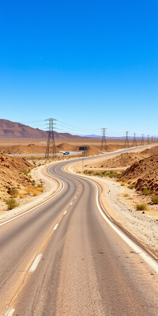a deserted highway winding through an arid landscape with power lines in the background and a clear blue sky