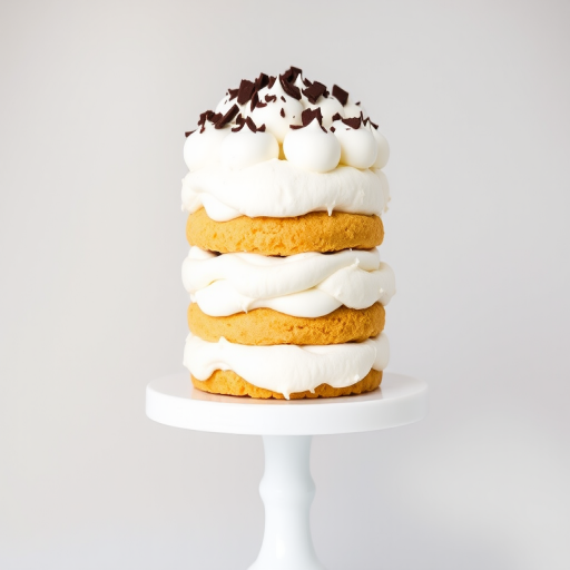A tall layered dessert featuring meringue and whipped cream topped with chocolate shavings on a white pedestal cake stand against a light background.