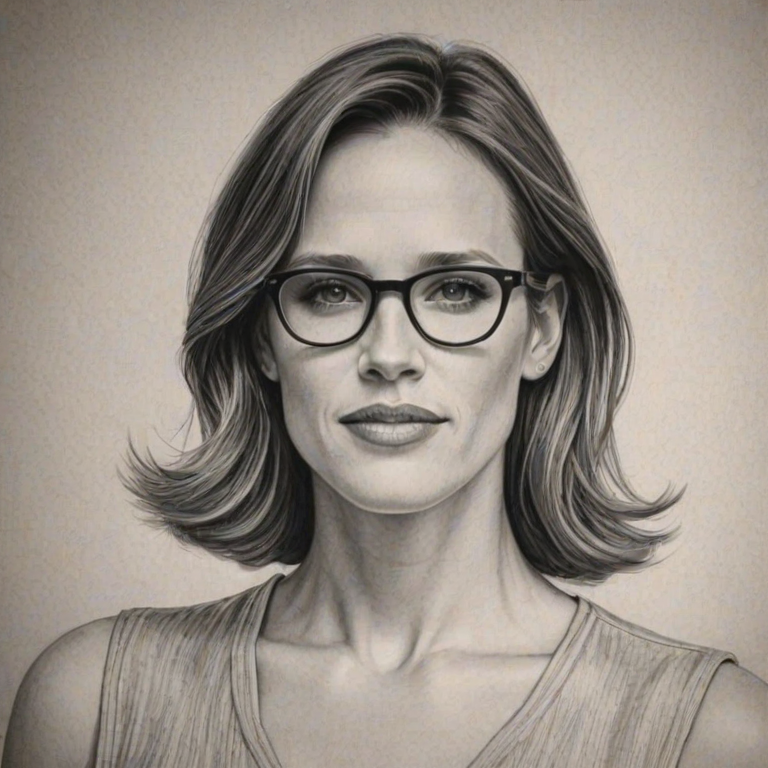 Superb Jennifer Garner, pencil sketch, portrait of Sublime woman 1932s in glasses, hair style beatnik, outline, clear lines, fine lines, 8k