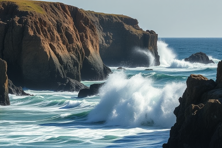 Capture a dynamic seascape featuring crashing waves against rugged rocky cliffs, with a Canon EOS R5 camera, 24-70mm lens at f/8, ISO 100, 1/500s shutter speed, and a slight wide-angle view to enhance depth and drama in natural lighting.