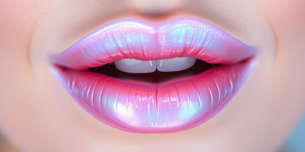 Ethereal iridescent lips shimmer with pearlescent hues, transforming from pale pink to soft blue depending on the angle of view