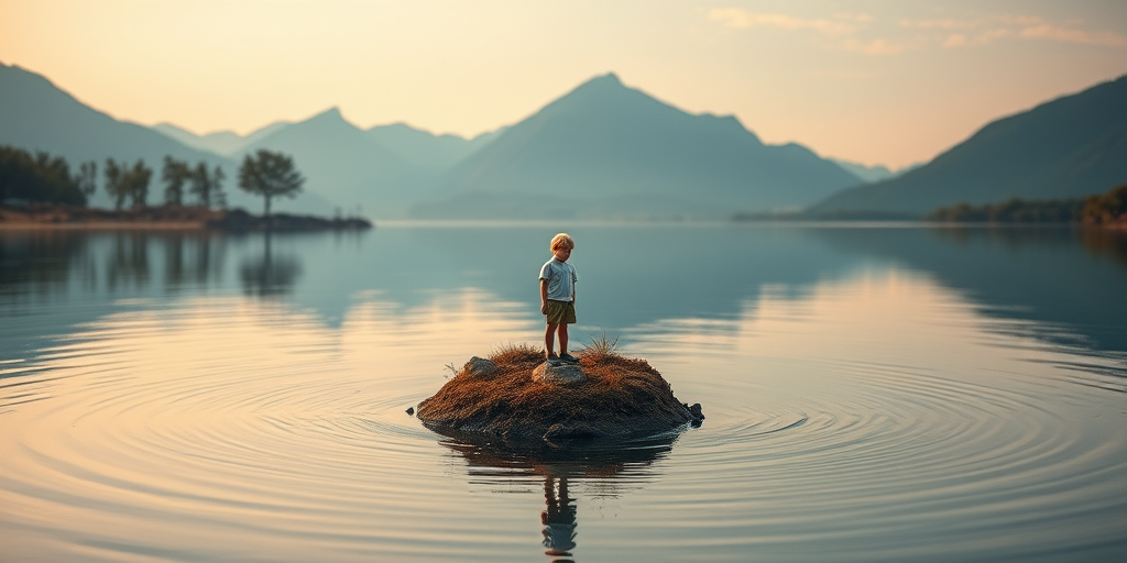 Create a serene landscape featuring a child standing on a small island surrounded by water, with mountains in the background and stylized trees, captured in a soft-focus style with a Canon EOS R5, 50mm lens, f/1.8, ISO 100, 1/200 sec, using a wide-angle view to emphasize the bubble effect and reflections in the water.