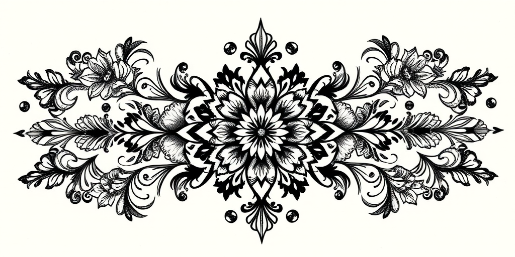 Ornamental blackwork tattoo titled "Lace Elegance" showcasing intricate floral and geometric patterns inspired by delicate lacework, incorporating symmetrical designs and negative space for visual contrast