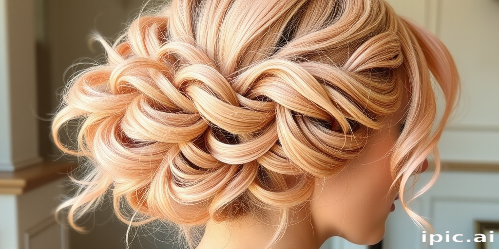 Pastel peach locks fashioned into a romantic, Grecian-inspired updo with delicate gold leaf accents and flowing tendrils, capturing the essence of "Aphrodite's Blush"