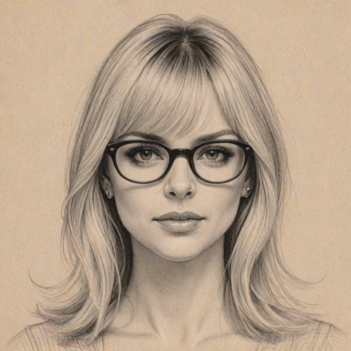 Bewitching Anna Faris, pencil sketch, portrait of Ravishing woman 1961s in glasses, hair style beatnik, outline, clear lines, fine lines, 8k