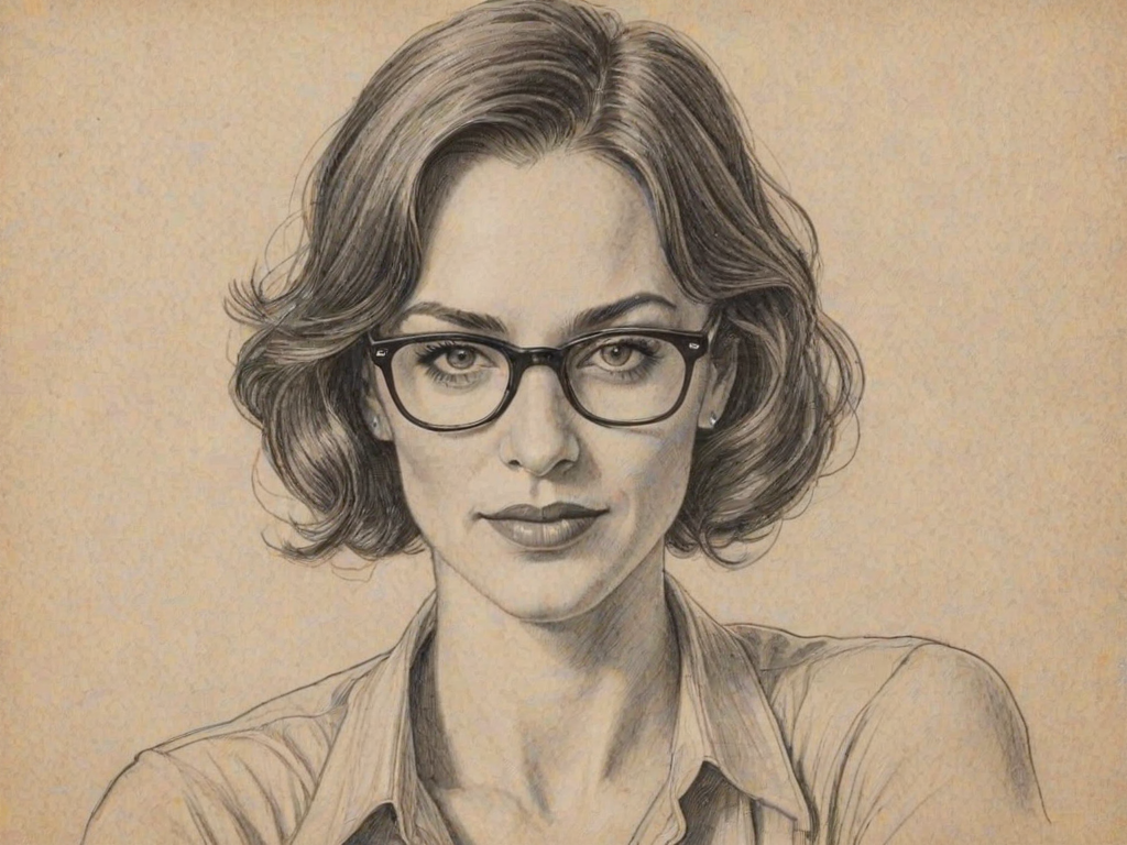 Alluring Maggie Siff, pencil sketch, portrait of Comely woman 1935s in glasses, hair style beatnik, outline, clear lines, fine lines, 8k