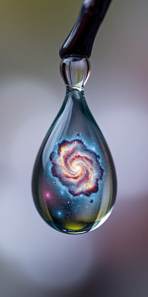macro shot of a water droplet containing a galaxy, with soft bokeh background, shot with a DSLR camera at f/2.8 aperture, 100mm lens, ISO 100, 1/200s shutter speed, natural lighting and high dynamic range for enhanced clarity and depth