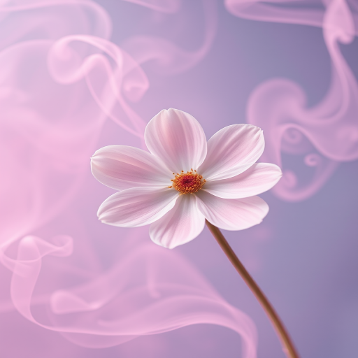 Regenerate a minimalistic flower design with swirling pastel smoke effects in the background, shot with a Canon EOS R5 at f/2.8, ISO 100, 50mm lens, top-down view, soft focus style for an ethereal look.
