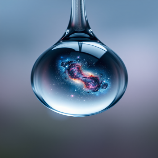 macro shot of a water droplet containing a galaxy, with soft bokeh background, shot with a DSLR camera at f/2.8 aperture, 100mm lens, ISO 100, 1/200s shutter speed, natural lighting and high dynamic range for enhanced clarity and depth