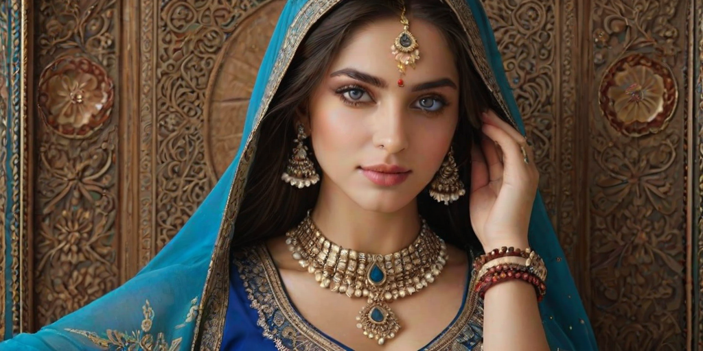 Create a portrait of a beautiful Pakistani woman with striking blue eyes and a gentle expression. She is adorned in traditional attire with intricate patterns, including a richly embroidered headscarf and matching garments. Her jewelry includes a delicate headpiece, dangling earrings, and ornate bracelets, all featuring vibrant gemstones and detailed metalwork. The background is soft and warm, enhancing the rich colors of her outfit and jewelry.