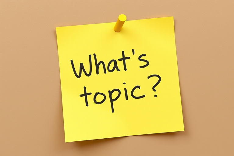 Yellow post-it note, hand written in Yellow pen text "What's the topic??", 3d, hd, hyper realistic,