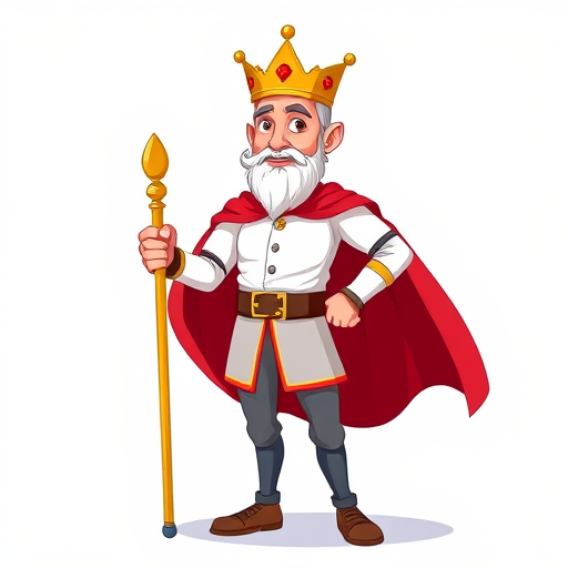 Create a vector-style illustration of a cartoon king character, dressed in a white shirt and gray pants, wearing a crown and a red cape, standing confidently with a scepter, using a high-resolution digital camera, 50mm lens, f/2.8 aperture, natural lighting for enhanced colors and detail.