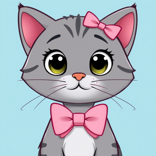 Create a cute cartoon image of a grey cat with big eyes and a pink bowtie, viewed from a slightly elevated angle, using a Canon EOS 5D Mark IV, ISO 100, f/2.8, 50mm lens, and a soft pastel blue background for enhanced contrast.