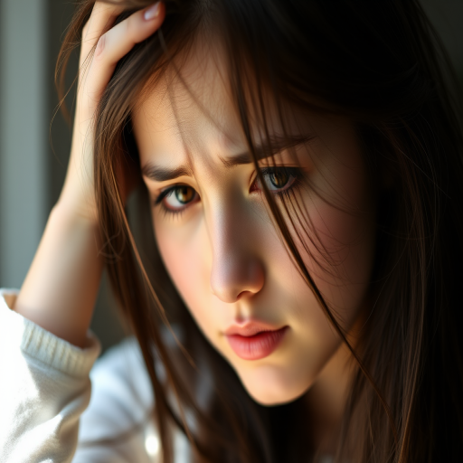Portrait of a young woman with disheveled hair holding her head in distress, shallow depth of field, soft bokeh background, natural light, ISO 200, f/1.8, 50mm lens, taken with a DSLR camera.