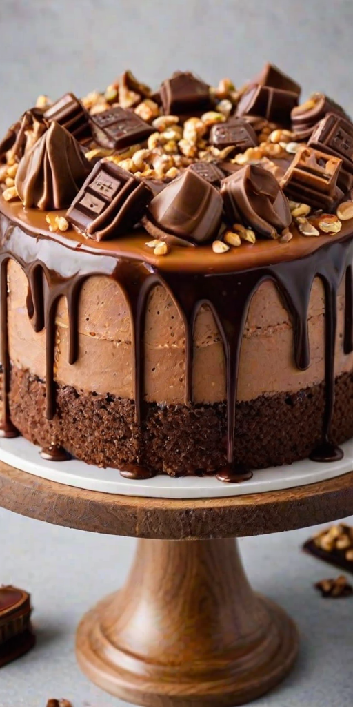 Generate an image of a round chocolate cake decorated with a glossy caramel drip. The top features a smooth layer of chocolate ganache and is adorned with pieces of chocolate bars, crushed nuts, and swirls of caramel frosting. The sides of the cake should be frosted with a creamy peanut butter icing, and the base is decorated with chocolate cookie crumbs.