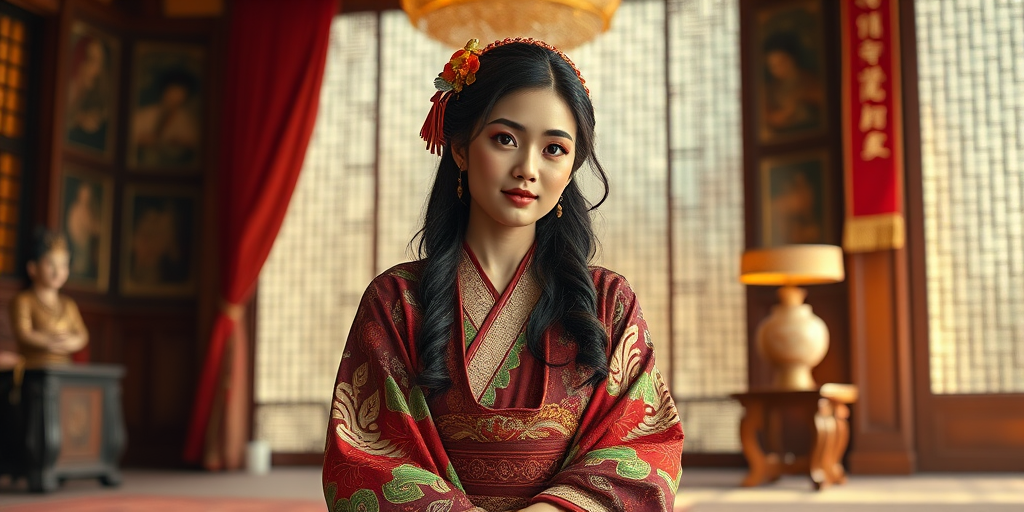 A beautiful Hawaiian woman in traditional East Asian attire, intricately detailed with embroidered patterns, sitting gracefully in a richly decorated room, soft ambient lighting, serene and elegant, ultra-realistic, 8K resolution