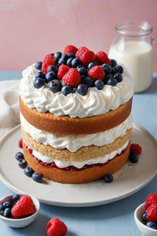 Create an image of a layered cake with a light sponge base, topped with a generous amount of whipped cream and an assortment of fresh berries, including raspberries and blueberries. The cake should be cut into slices, showcasing its fluffy texture, with a glass bottle of milk in the background and a small basket of blueberries nearby. The setting should have a clean, minimalist look with a light-colored background.