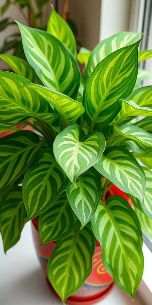 A vibrant and lush houseplant with large, variegated green leaves in a decorative red pot, captured from a slightly elevated angle using a DSLR camera, f/2.8 aperture, 50mm lens, soft natural lighting, and a shallow depth of field for enhanced focus on the plant details.
