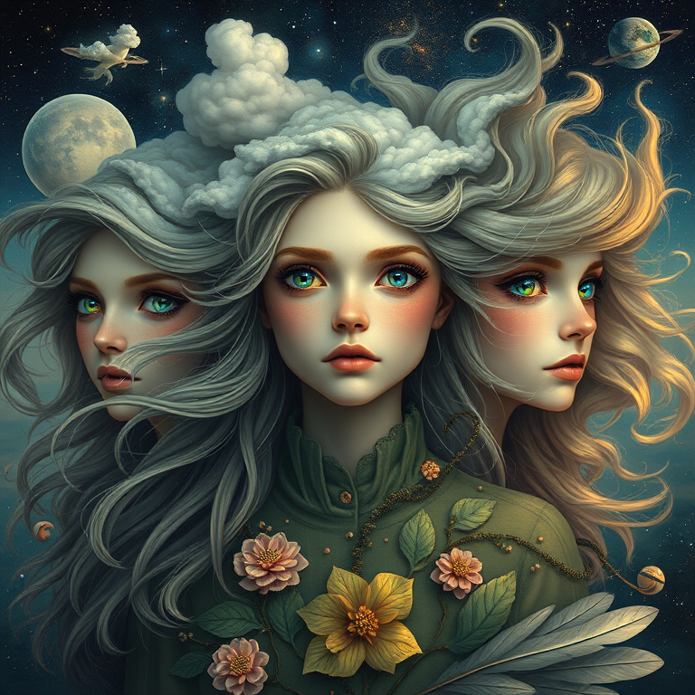 Create a series of imaginative portraits where each subject is infused with elements of fantasy and nature. The hair of the individuals should flow like clouds, varying from soft, fluffy cumulus to wispy cirrus strands, with hints of color reflecting a sunset or a clear blue sky. The eyes should be windows to entire galaxies, with stars, nebulae, and distant planets visible within them. Clothing should be adorned with nature motifs, such as floral patterns that bloom and change, vines that seem to grow and wrap around, or feathers that shimmer with iridescence. Each portrait should capture a unique personality, blending human features with the ethereal beauty of the natural and cosmic world. The backgrounds can vary, from starry night skies to enchanted forests, adding depth and context to the magical realism of the portraits