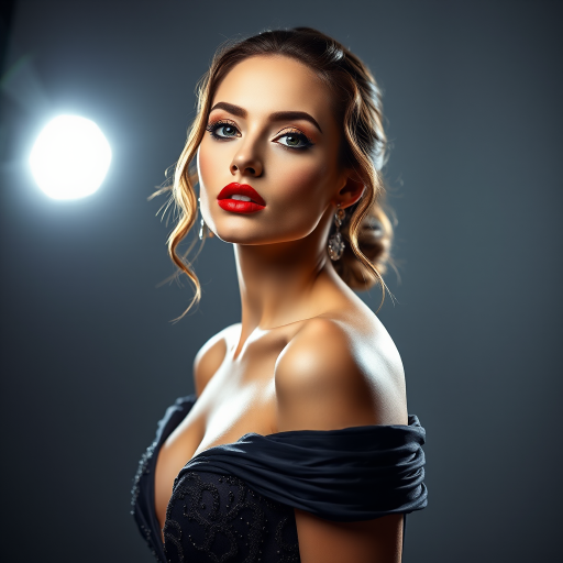 Studio portrait, female model, elegant couture dress, bold makeup, dramatic lighting, Utilize a 50mm portrait lens for crisp details and a soft background blur, 8k