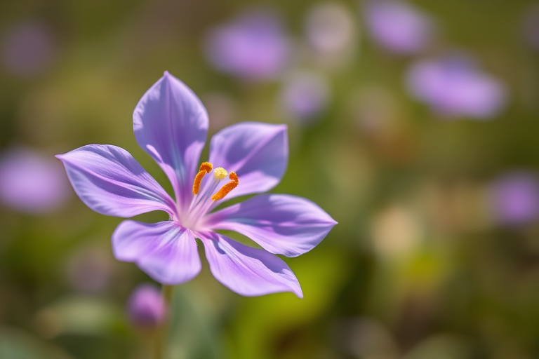 Capture a close-up of a delicate purple flower with a blurred natural background, use a shallow depth of field with an aperture of f/2.8, set ISO to 100, and a focal length of 50mm, shoot in natural light with a DSLR camera.