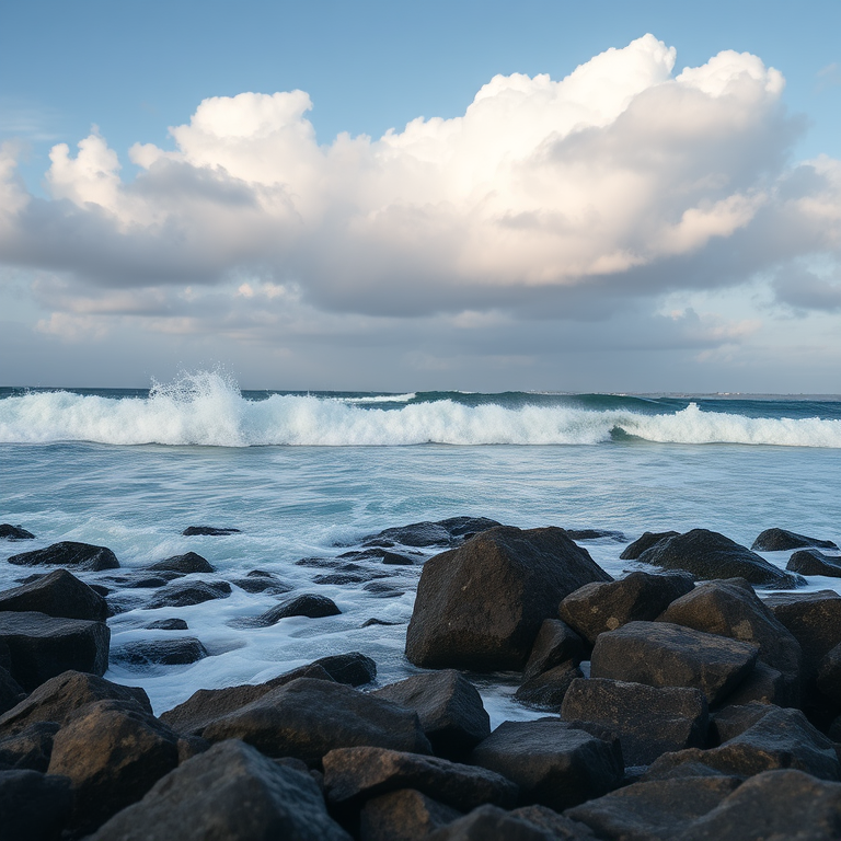Seascape with crashing waves on rocks under a partly cloudy sky, shot with a Canon EOS R5, 35mm lens, aperture f/8, ISO 100, shutter speed 1/500s, using a wide-angle view for depth and clarity.