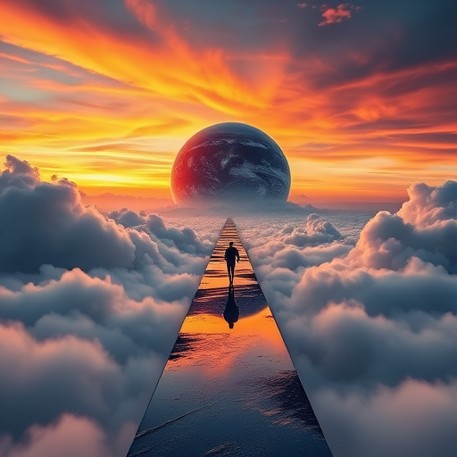 Create a surreal landscape with a figure walking on a reflective path through clouds leading to a large planet in a colorful sky at sunset, captured with a full-frame DSLR camera at f/8 aperture, ISO 100, 24mm lens, and HDR style for enhanced dynamic range.