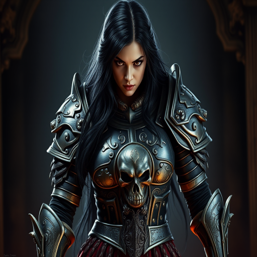 Create a photo of a fierce female warrior with long black hair, wearing an ornate, metallic armor. The armor includes a breastplate with intricate designs, shoulder guards, and gauntlets. The breastplate is decorated with a central emblem, possibly representing a mythical symbol, and has a sculpted, form-fitting design. She wears a belt with a large skull ornament at the center, and her armor extends into a partial skirt, revealing one leg. The overall look is both protective and stylish, with a dark, gothic aesthetic. The background is dimly lit, suggesting a medieval or fantasy setting, enhancing the warrior's imposing presence and intense expression.